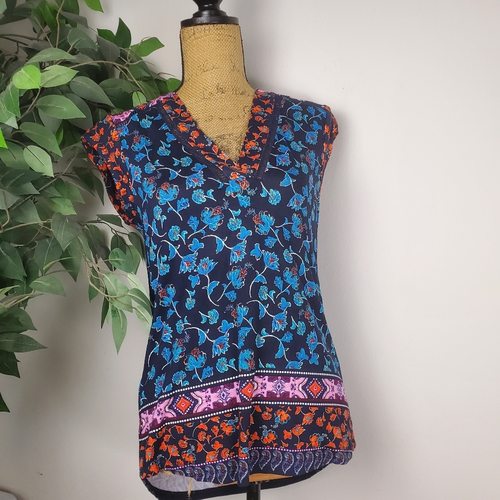 NEW Daniel Rainn Floral V-Neck Blouse - Blue and Orange Women's Size Small